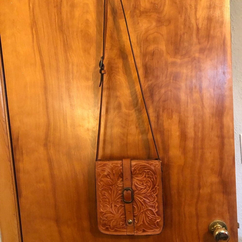 Patricia Nash Tan Leather Floral Tooled Crossbody Bag